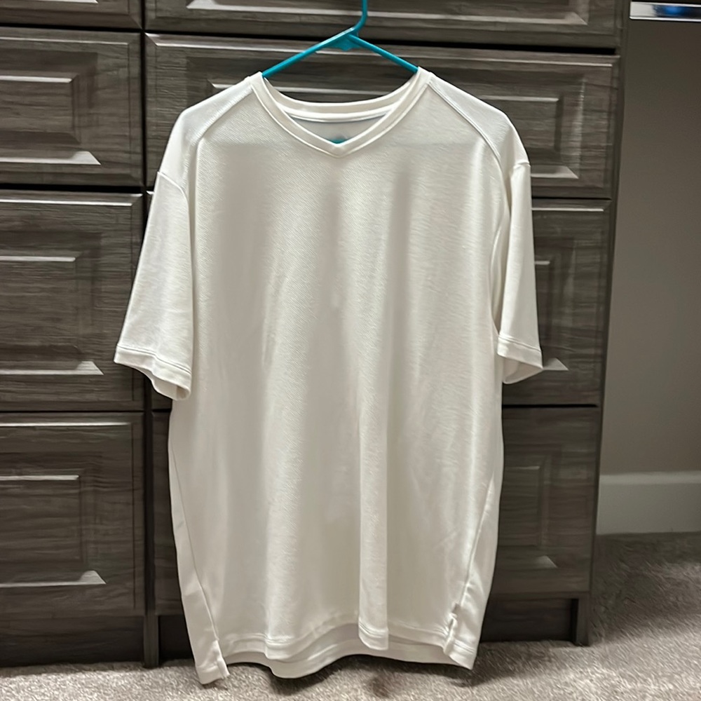 Tommy Bahama white textured V neck shirt for men. Much nicer then a t-shirt.